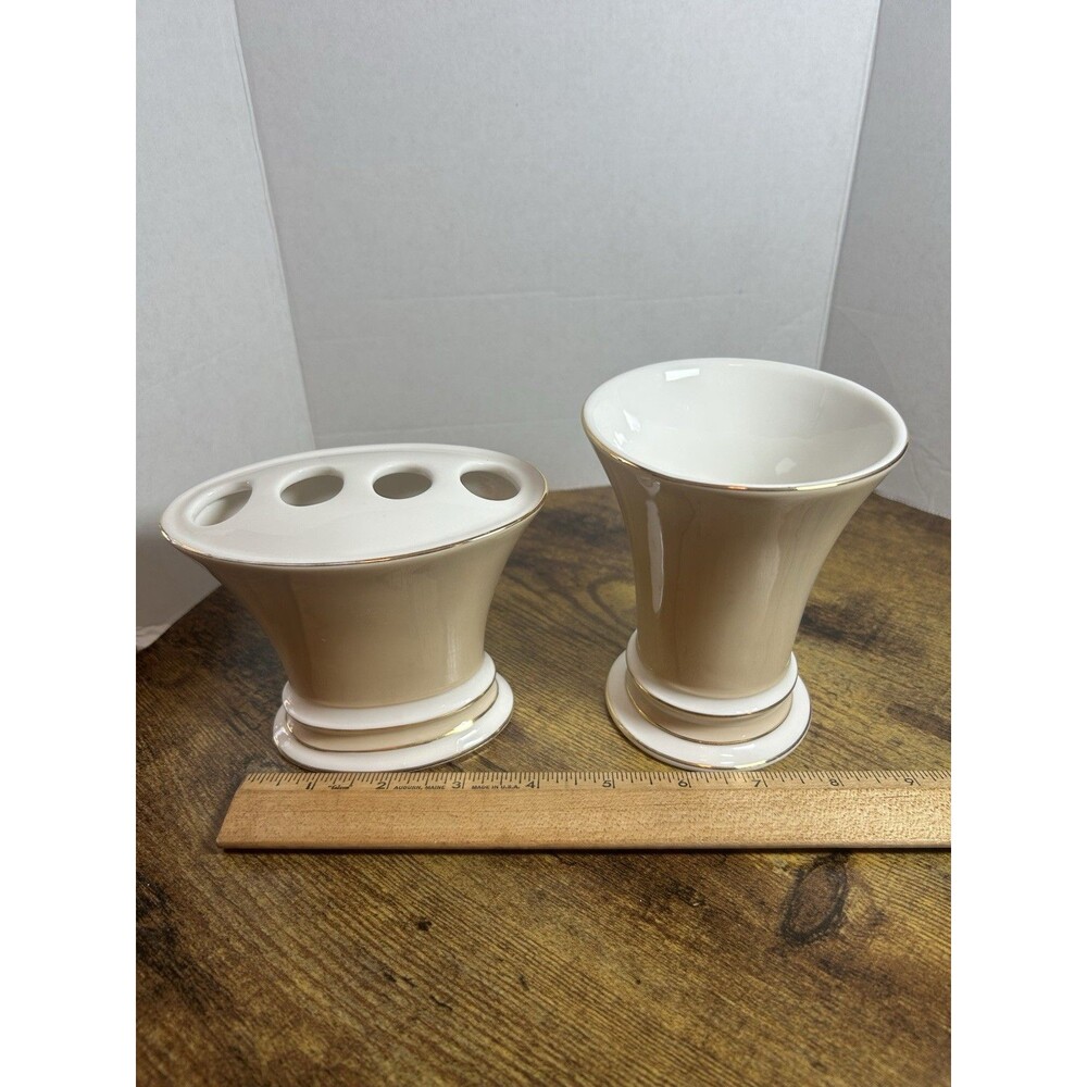 Beige White Gold Trim Ceramic Bath Set Toothbrush Holder Cup Soap Holder Decor - Picture 5 of 16